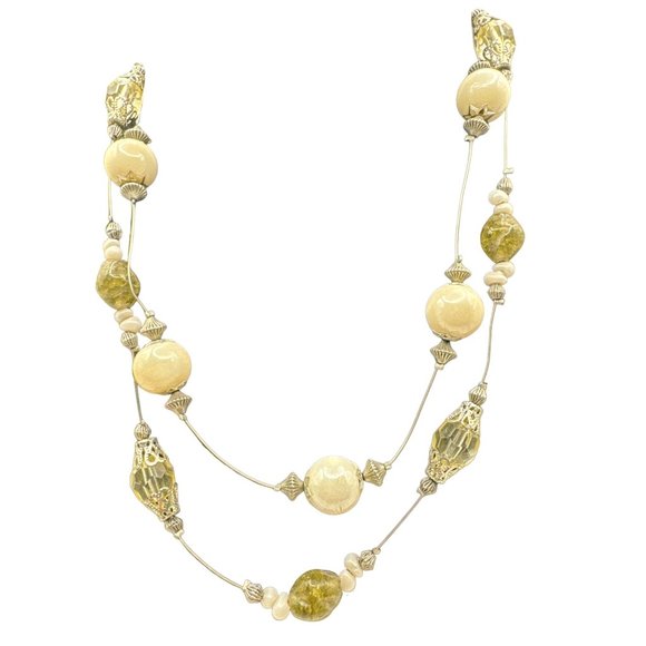 Two Strand Silver and White Beaded Necklace 18 inch with 3 inch extender - Picture 2 of 5